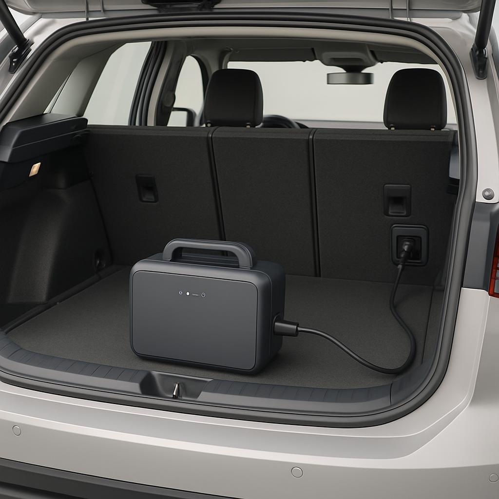 Power inverter for a car in the trunk, featuring black fabric sides, painted trim and a silver exterior to bring power on ...