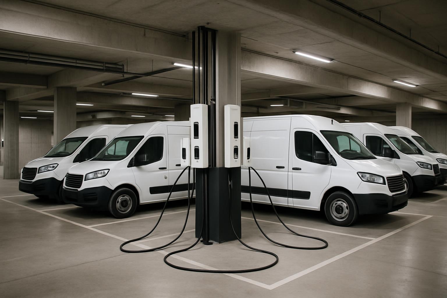 Several white vans in a parking garage with a charging station in the middle. The grey and chilly appearance of the garage...