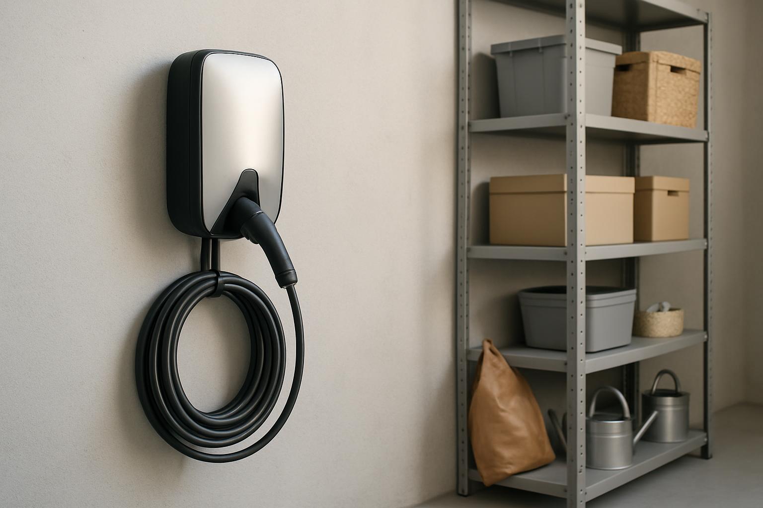 Une installation de charge électrique pour véhicules automobiles dans une salle de rangement.