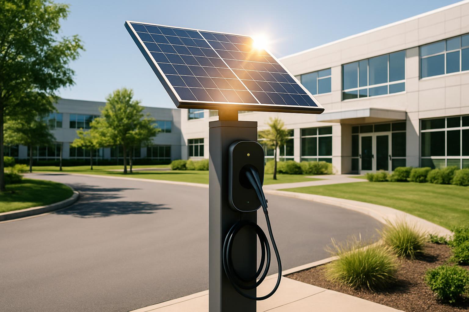 Les panneaux photographiques ensoleillées chargent des véhicules électriques devant une grande bâtisse blanche du gouverne...
