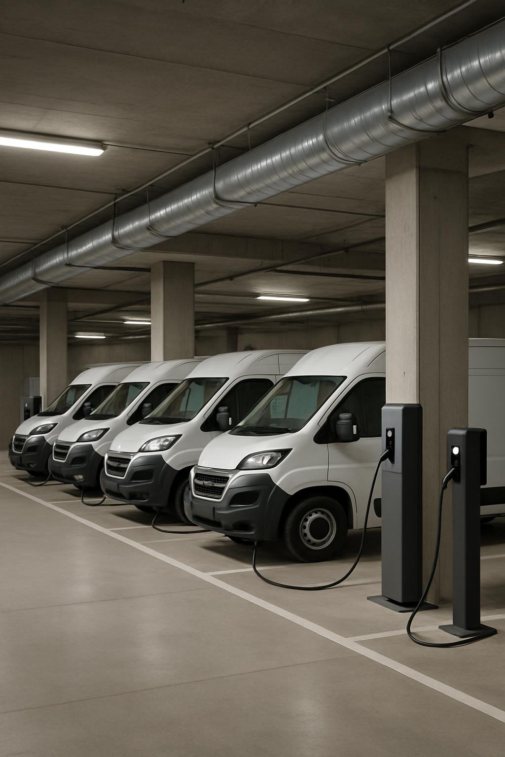 The image shows a row of at least five white vans parked in a well-lit garage, each equipped with an electric charging sta...