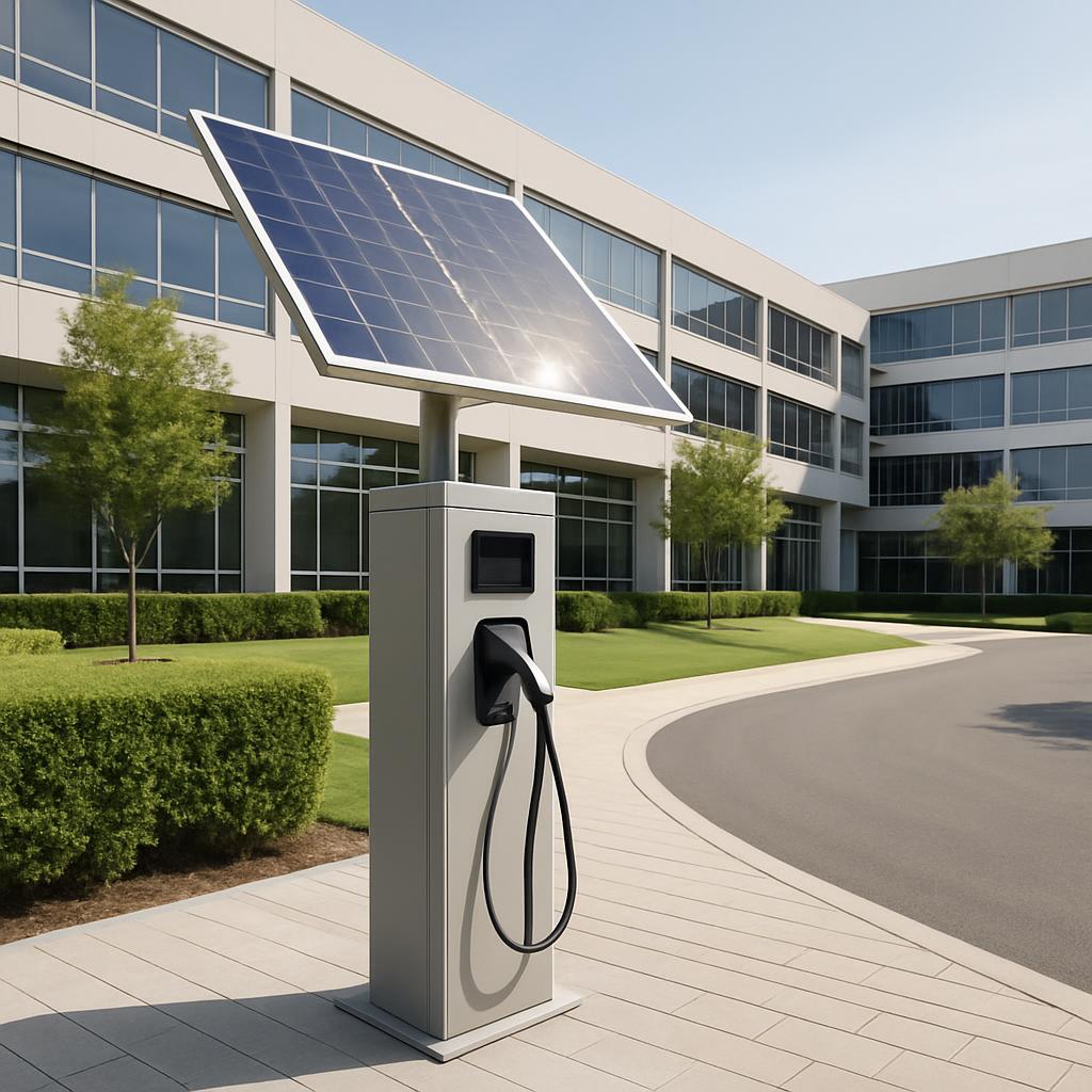 La photographie montre une borne de recharge électrique équipée de panneaux solaires, située dans ou en face d'un bâtiment...